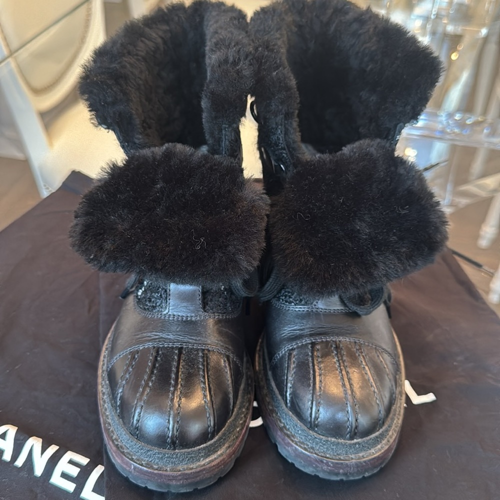 CHANEL Tweed Leather Shearling Water Resistant Combat Boots 36.5